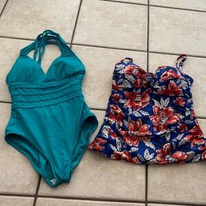 La Blanca Teal One-Piece with Navy Floral Tankini Coverup